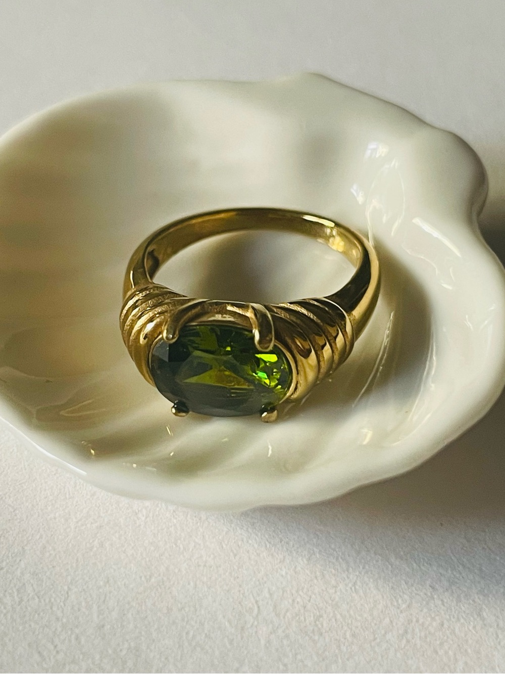 Feminine Whimsical Gold Ring with Olive Moss Green Oval Gemstone Solitaire 6.5
